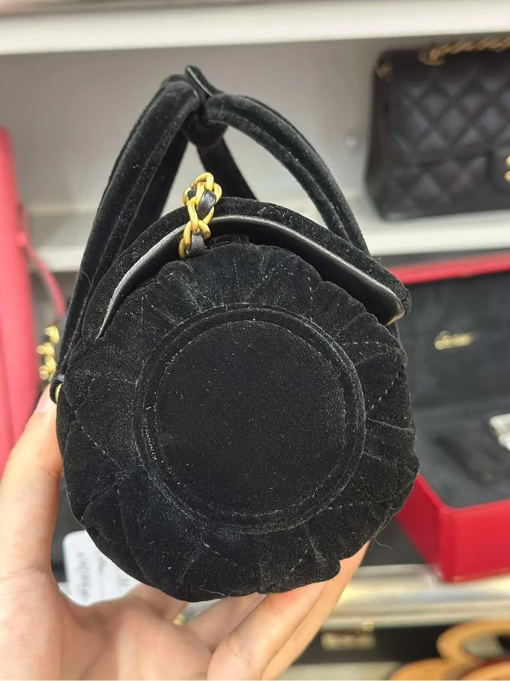 CHANEL Black Quilted Velvet Mini Top-Handle Bag with Gold Hardware